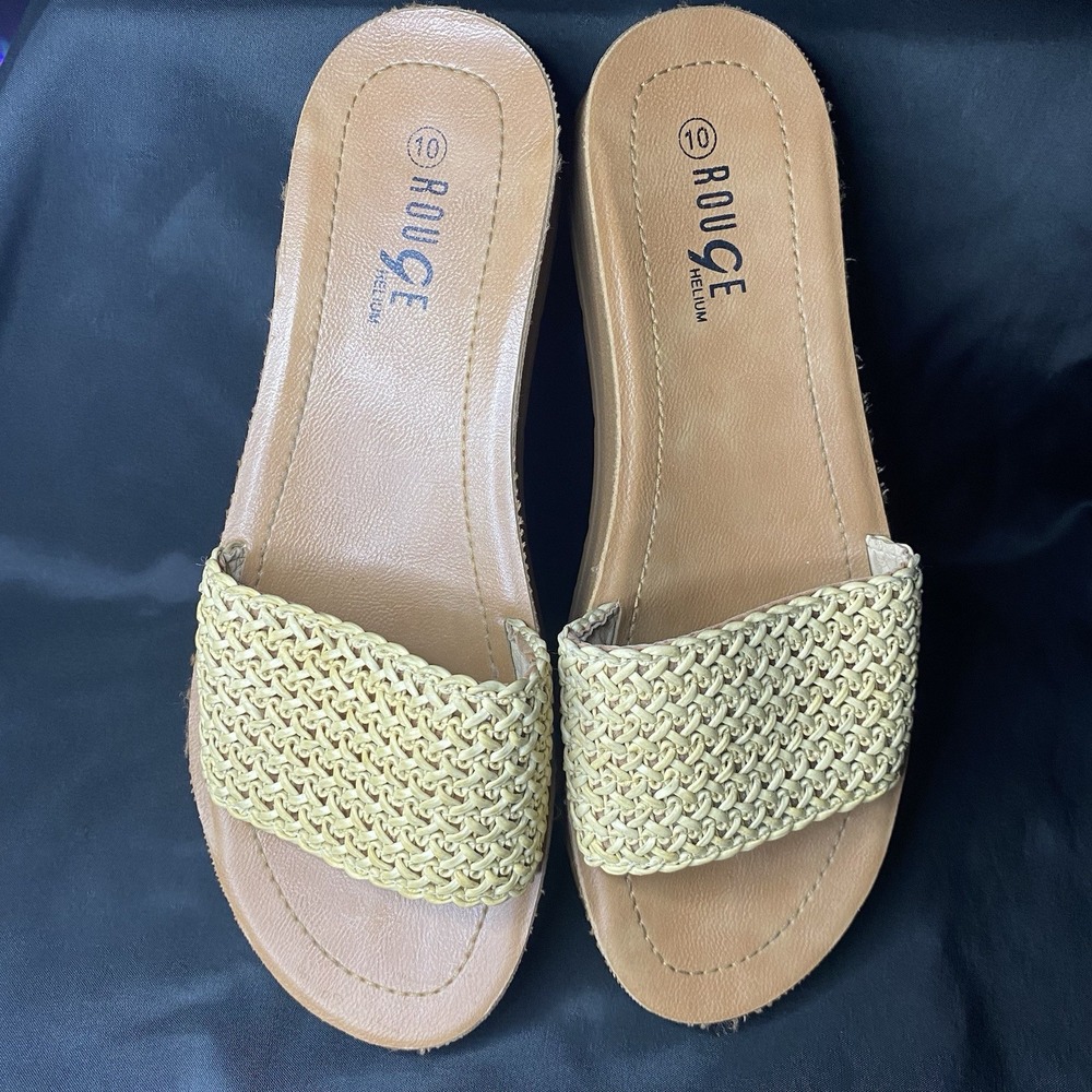 Rouge Helium Woven Raffia Slide Sandals Size 10 Tan Braided Open Toe - Picture 9 of 10